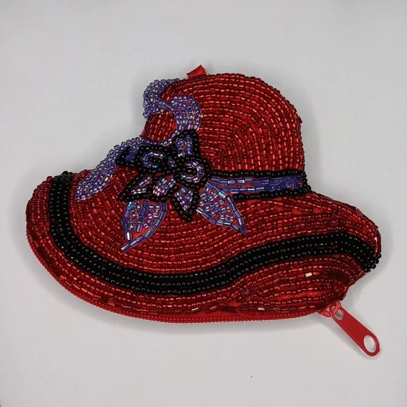 Red hat society vintage beaded hat purple floral bow zippered coin purse - Picture 1 of 4